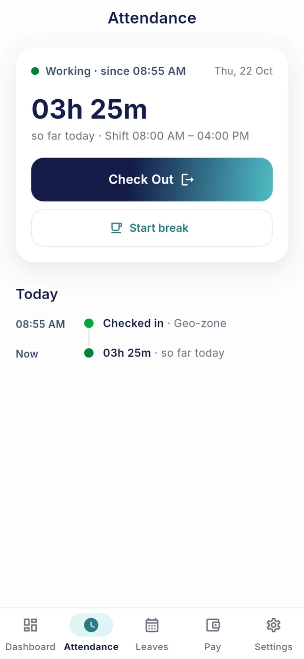 The attendance screen with today’s hours and a check-out button