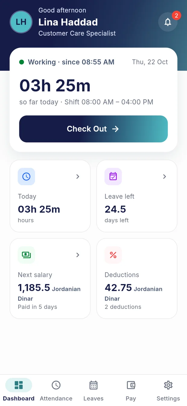 The Barq home screen with today’s hours, leave balance and next salary
