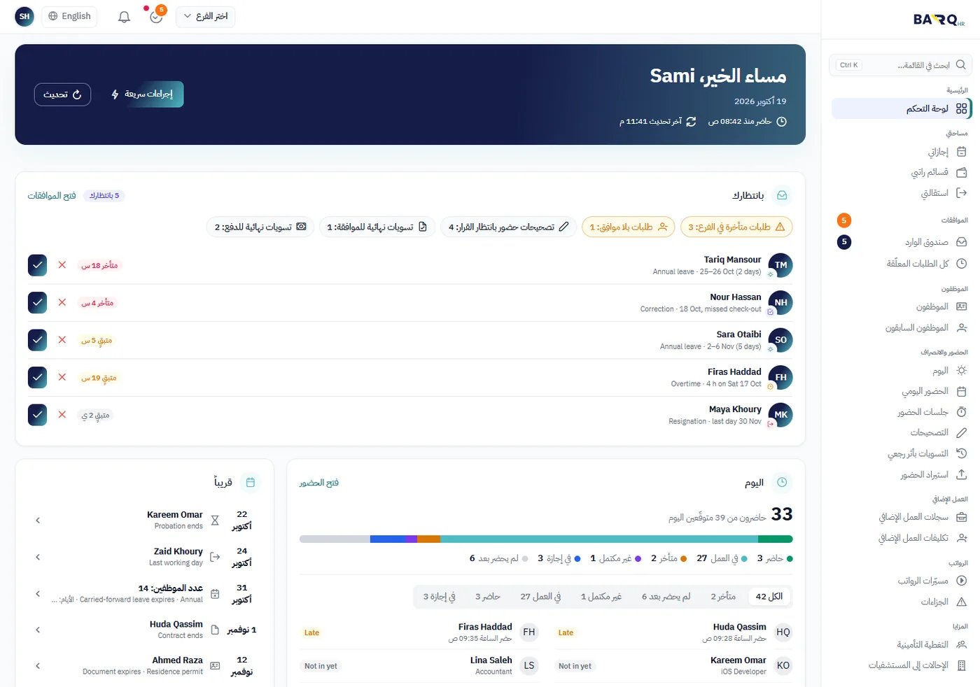 لوحة الموارد البشرية وفيها الطلبات المنتظرة وحضور اليوم والأحداث القادمة
