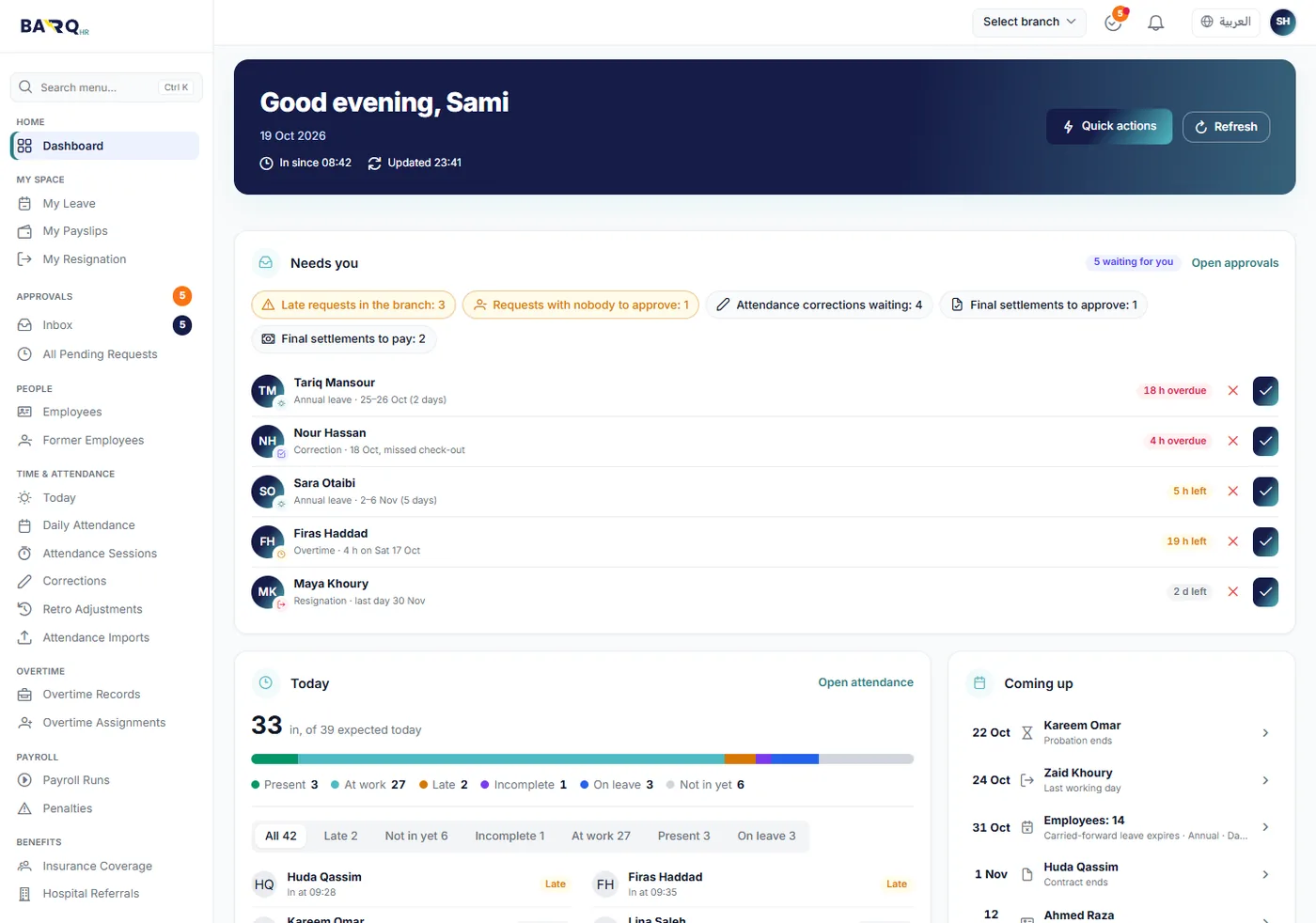 The HR dashboard with waiting requests, today’s attendance and upcoming events